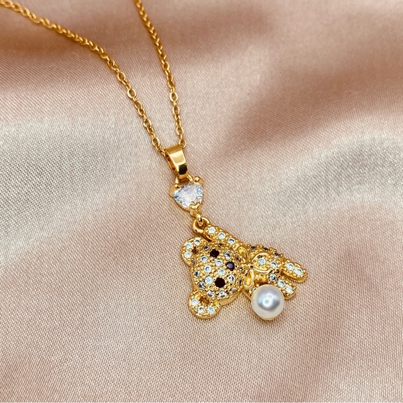 Cute Teddy Bear Pave CZ Heart Pearl Pendant Design Dainty Curb Chain Necklace - Picture 6 of 8